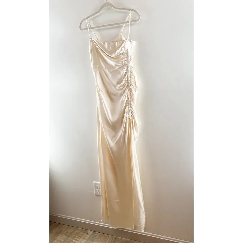 Shona Joy La Lune Ruched Side Slit Maxi Formal Slip l Dress Gown Cream 4 - Picture 8 of 12